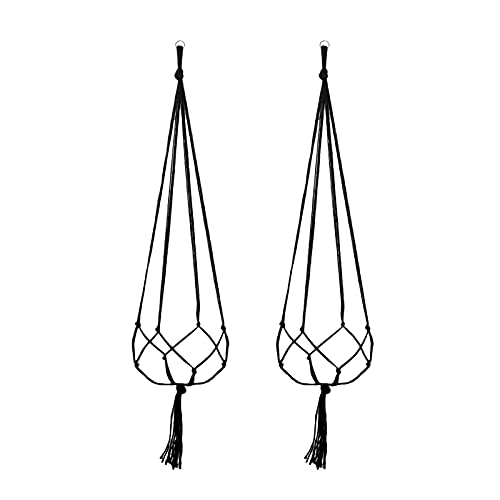 KAREN66 Makramee Blumenampel 2 Stück Boho Deko Baumwollseil Hängeampel Blumentopf Halter Pflanzen Aufhänger für Innen Außen Decken Balkone Wanddekoration, Schwarz (Schwarz, 90cm)