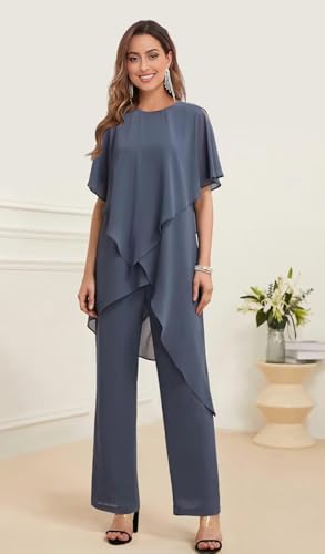 2 Pieces Mother of The Bride Pant Suits for Women Short Sleeve Grandmother Dresses Tiered Chiffon Wedding Guest Outfits2