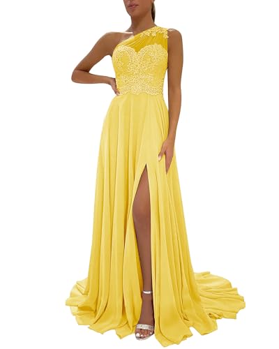 Image of LANGKAAO One Shoulder Lace Bridesmaid Dresses Long for Wedding A-Line Chiffon Slit Formal Party Gown with Pockets