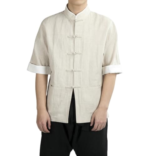 Chemise col montant homme en coton-lin à manches courtes