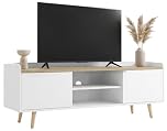Blisswood TV Unit, 140cm TV Stand Cabinet for up to 43–55 Inch TVs, Modern TV Cabinet with Storage & Open Shelf, Wooden Legs Entertainment Console Table for Living Room & Bedroom, White & Oak
