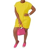 PINSV Women's Plus Size Summer T Shirt Dresses Short Sleeve Tunic Dress with Pockets Yellow 3XL