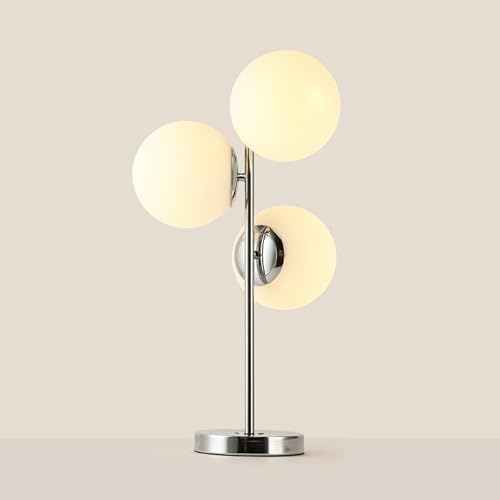 B·LED BARCELONA LED Lampe de table ROM avec triple boule en verre opalin Ø15 cm, design moderne en, chrome, compatible ampoules E27, idéale pour salon, chambre, bureau, chevet