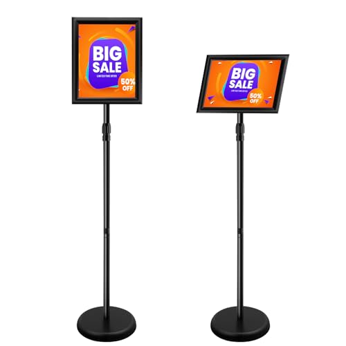 Poster Sign Stand Holder Adjustable Heavy Duty Aluminum Pedestal Floor Standing Sign Holder Vertical and Horizontal View Sign Displayed Snap Open,Advertising Display Stand (Black, 8.5x11inches)