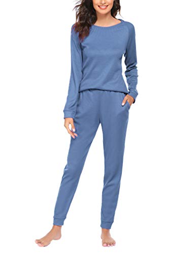 Ekouaer Women Pajama Sets Long Sleeve 2pcs Sleepwea with Jogger Pant Knit Pjs Sets Comfy Nightwear for Ladies,Large Navy Blue