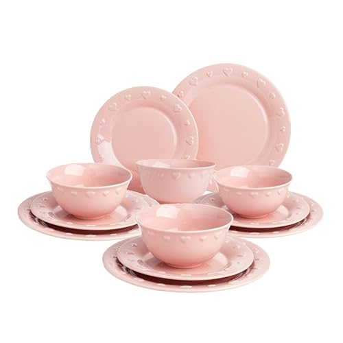 Paris Hilton 12-Piece Dinnerware Set Embossed Hearts. Iconic Ceramic Stoneware Service for 4 with Dinner Plates Salad Plates and Bowls Microwave & Dishwasher Safe Pink