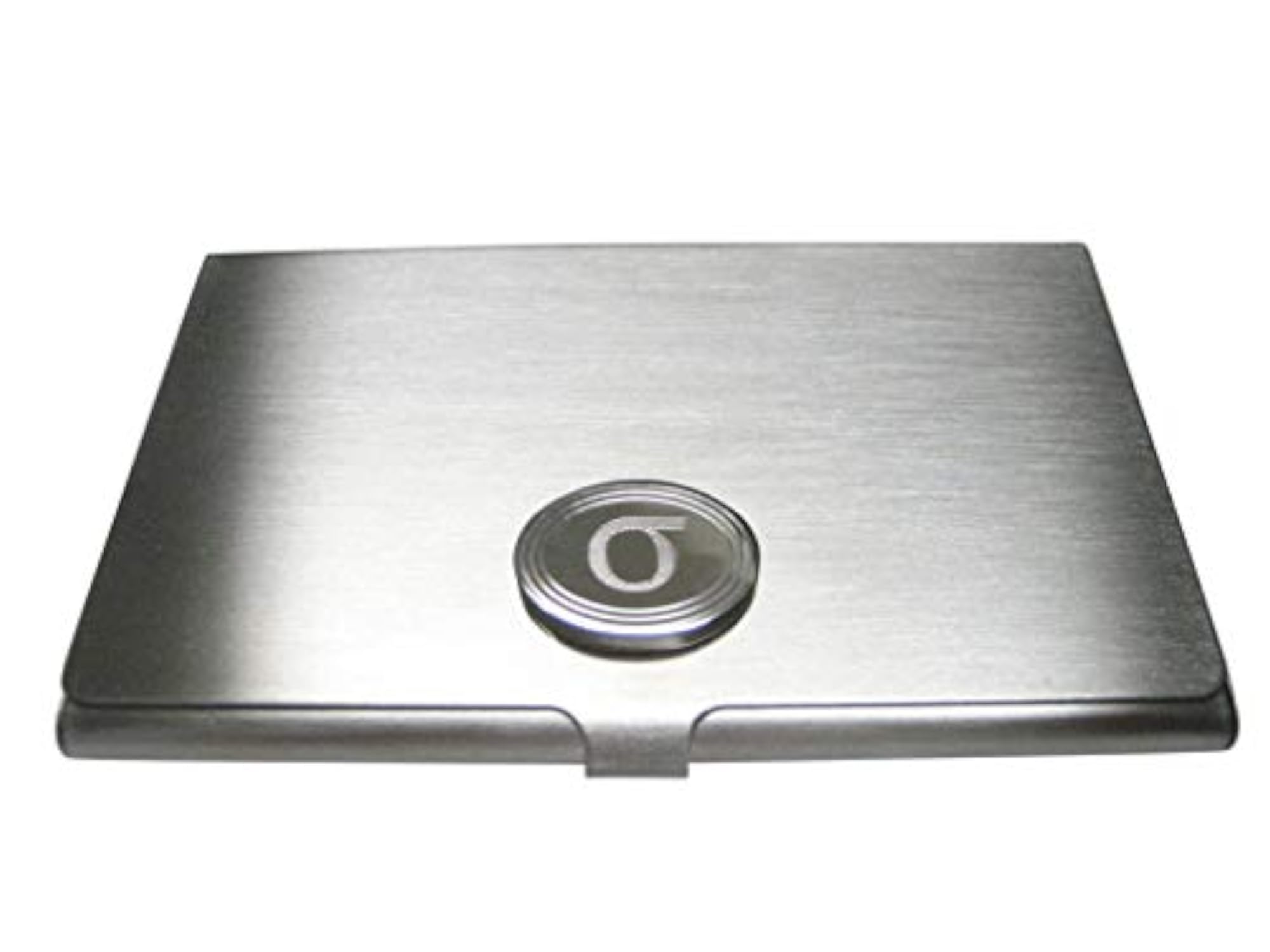 Silver Toned Etched Oval Greek Lowercase Letter Sigma Business Card Holder