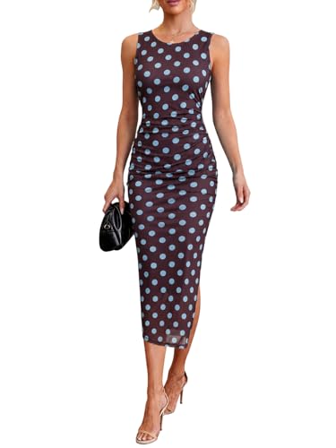 Image of oten Women's Floral Bodycon Midi Dress Ruched Mesh Sleeveless Summer Wedding Guest Cocktail Party Dress with Slit