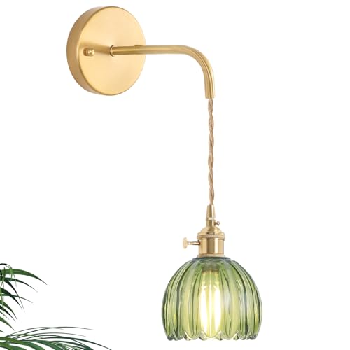 Image of Shenmoyl Vintage Wall Sconce Wall Lamp Green Tulip Shade Pattern Glass Adjustable Chain Retro Gold Wall Mounted Light, Wall Lamp Fixtures Decor for Bedside Bedroom Indoor Doorway
