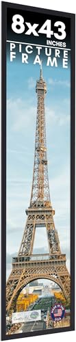 8x43 Frame Black Picture Frame - Complete Modern Photo Frame Includes UV Acrylic Shatter Guard Front, Acid Free Foam Backing Board, Hanging Hardware Wood Wall Frames for Family Photos - no Mat