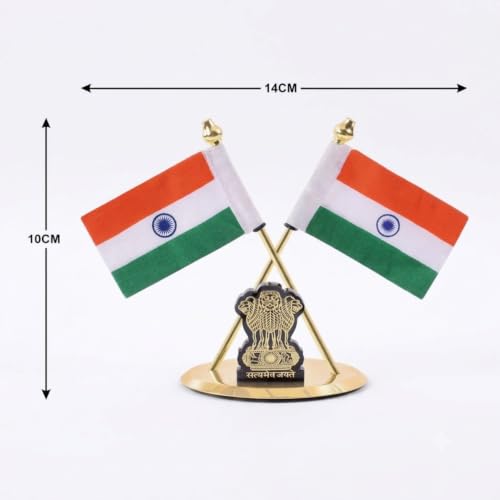 Image of Zahepa Dual-Sided Fabric Indian Tricolor Flag with Gold Plated Base for Car Dashboard, Office Desk, Home Decor & Gifting Tabletop Decoration for Home, Office & Corporate Use | Pack of 1