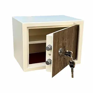 Mechanical Safe Locker | Mild Steel Security Money Box For Home Office Hotel Shop | Manual Key Locking System | Metal Deposite Ivory Color with Wooden Texture (9x12x9 INCH)