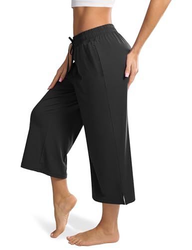 Maxbee Wide Leg Capri Pants for Women Loose Yoga Pants Drawstring Comfy Lounge Sweatpants with Pockets