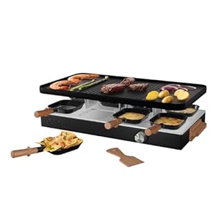 Boska Raclette Party – Appareil à raclette pour 8 personnes – Sans PFAS – Plaque en céramique – Poignées en bois de hêtre – Plaque en aluminium réversible – Noir
