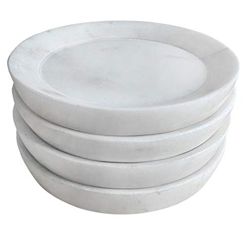 White Carrara Marble Coasters for Drinks – Set of 4 – Extra Wide with Raised Edges - Natural Semi Polished Finish – Coffee Table Décor Home Accent Bar Accessories – Living Room Dining Room