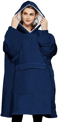 Image of KFUBUO Wearable Blanket Hoodie for Adults With Pocket Navy | Sherpa, Fuzzy Blanket Hoodie, Oversized Sweatshirt Blanket, Kangaroo Pouch, Gifts for Mom, Cute Stuff