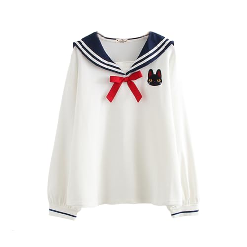 CORIRESHA Girls Japanese Cute Cat Blouse Sailor Collar Long Sleeve Striped Bow Preppy Shirt