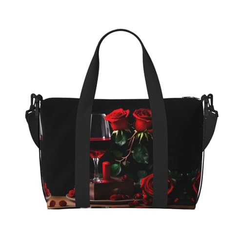 Red Rose and Wine Romantic Lovers Decor print Travel Duffel Bag,workout duffel bag, overnight shoulder Bag,Weekender Bag for Women Men