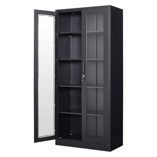 Display Storage Cabinet with Glass Door, 71 Inches Metal Curio Cabinet with 4 Adjustable Shelves, Locking Glass Display Case for Home, Office, Clinic, Pantry, Assemble Required (Black)