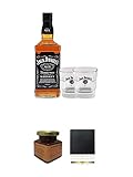  Jack Daniels Black Label No. 7-0,7 Liter + 2 x Jack Daniels Gläser + Kentucky Bourbon Himbeer-Marmelade 150 Gramm Glas + Schiefer Glasuntersetzer eckig ca. 9,5 cm Durchmesser