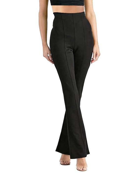 Image of VRENI Ribbed Stretchable Flared Pants for Women | Boot Cut Bell Bottom Pants for Women - Ideal for Yoga & Gym Wear, Casual Wear & Office Wear Trousers for Women