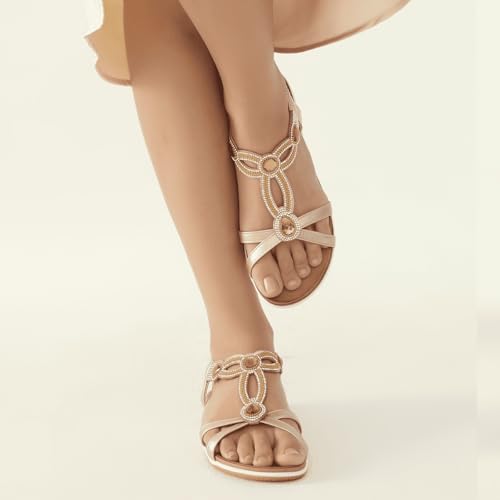 Image of UBFEN Flat Sandals For Women Dressy Arch Support Comfortable Casual Sandal With 2026 Rhinestone Braid Elastic Strap Summer Vacation