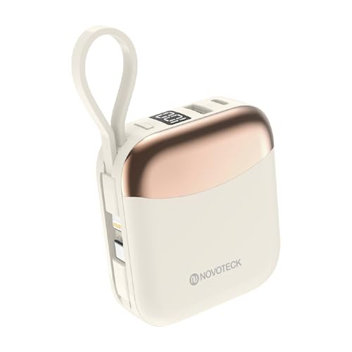 NOVOTECK Power Bank 10000mAh con Cables Integrados (USB-C + Light-Ning Correa), Cargador Portátil de Carga Rápida 22.5W PD, 4 Dispositivos a la Vez, Pantalla LED% Batería, Mini Tamaño de Bolsillo