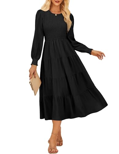 Damen Tiered Midikleid Langarm Rundhals Tailliert A-Linien Kleid mit Elastischer Taille Taschen CL145-01/Schwarz S