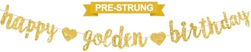 Glitter Gold Happy Golden Birthday Banner,NO DIY Gold Glittery Th...