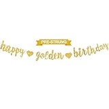 RICHHHA Glitter Gold Happy Golden Birthday Banner,NO DIY Gold Glittery Themed Party Supplies Decorations,Golden Birthday Garland Sign Backdrop for Women Men