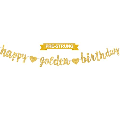Glitter Gold Happy Golden Birthday Banner,NO DIY Gold Glittery Th...