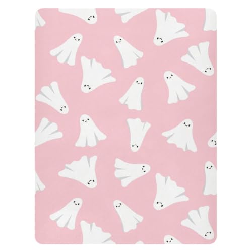 Image of Pfrewn Cute Halloween Crib Sheets for Girls Pink Halloween Ghost Fitted Crib Sheet Fits Standard Crib Mattress Pads Stretch Soft Toddler Baby Sheet, 52x28x9IN