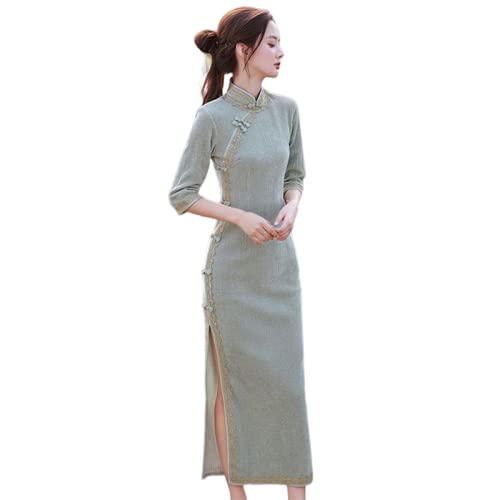 Vestido Chino De Mujer - Moderno Delgado Largo Qipao Vestido Chino Mujeres Tradicional Retro Orientale Elegante Otoño Invierno Cálido Vintage Manga Larga Cheongsam, Verde, XL