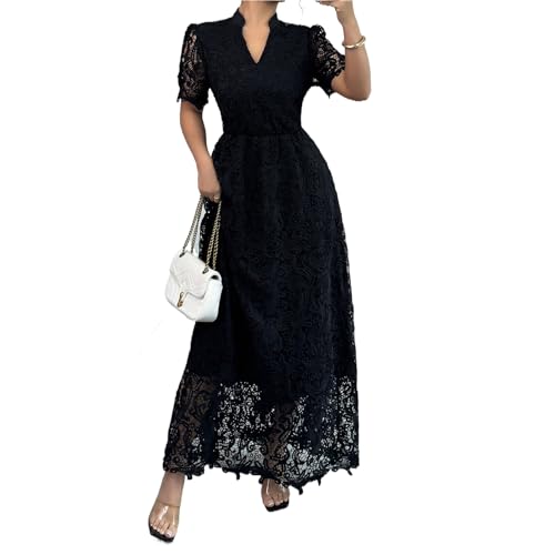 Women's Floral Lace Short Sleeve V Neck Swing Hem Layered Fairy Wedding Bridesmaid Cocktail Maxi Dress