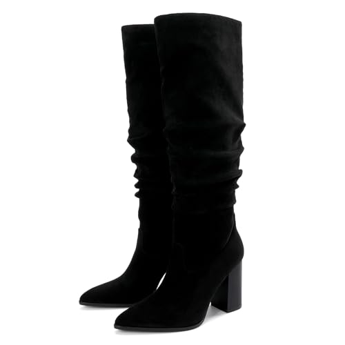 Knee High Boots Faux Suede Pointed Toe Boots for Women Chunky Block Tall Boots with Side Zip4