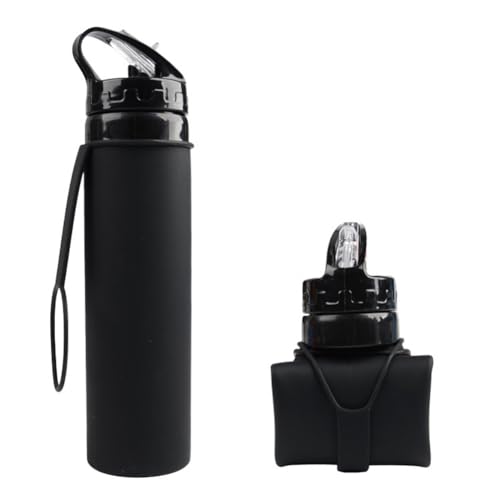 Pesfehhy Botella de Agua de Silicona Plegable Negra de 600 Ml, de Agua para Ciclismo, Botella de Agua de Silicona Irrompible Portátil
