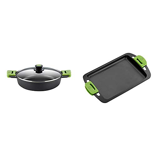 BRA A400536 Prior Cacerola Baja con Tapa de Cristal y Asas de Silicona, Apta para Todo Tipo de cocinas incluida inducción y Horno, 36 cm + A401740 - Plancha Asar, Aluminio, Negro, 40 cm