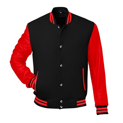Image of Red And Black Letterman Jacket Men - Mens Black Varsity Letterman High School Baseball Bomber Jacket