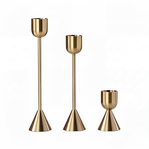 Livendow 3-Piece Candlestick Holders Set in Copper Color, Varying Height (6.2/15.2/18.2CM) Taper Candle Holders for 2CM Candles, Wedding & Home Centerpiece Decor