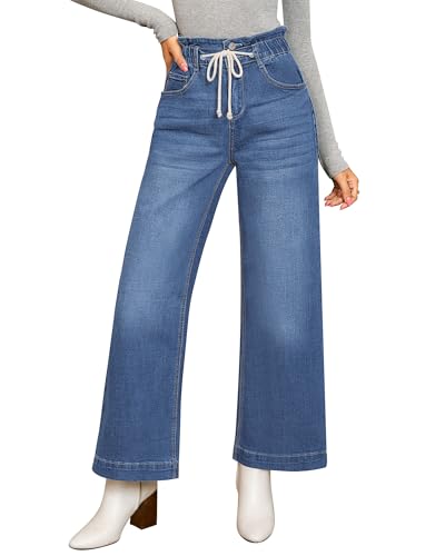 GRAPENT Women's Baggy High Waisted Women Baggy Jeans Wide Leg Jeans for Women High Waist Womens Drawstring Denim Jean Pants Color Classic Blue Medium Size 8-10