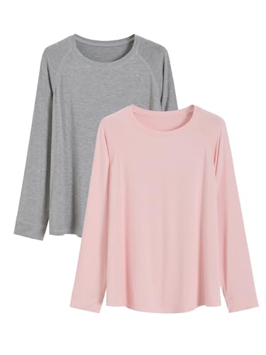 Latuza Women's Bamboo Viscose Pajama Tops Raglan Long Sleeve Lounge Shirt 2 Pack 2X LightGray LightPink