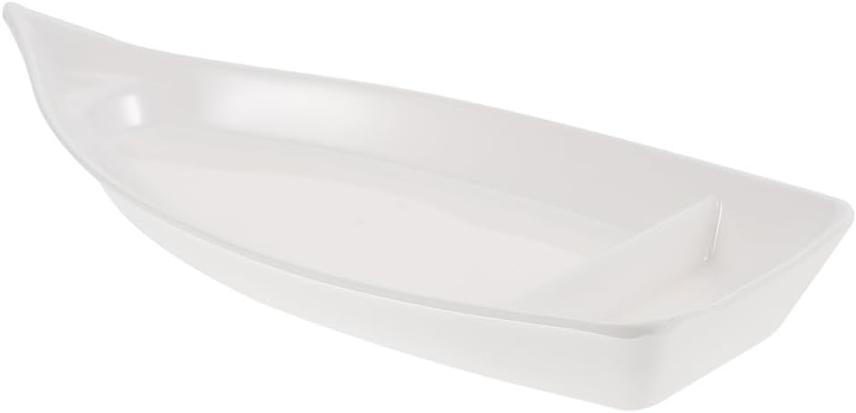 UPKOCH White Melamine Sushi Plate Boat Shaped Serving Tray with Built-in Sauce Divider for Sashimi Appetizer Chip and Dip