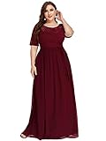 Ever-Pretty Plus Womens Plus Size Maxi Ruched Long Short Sleeve Wedding Party Gown Burgundy US20