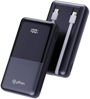 pTron Dynamo Power 20000mAh 22.5W Super Fast Charging, USB Type-C Input Power Bank with Quick Charge & 20W Power Delivery, Built-in Charging Cables, 4 Outputs, Type-C Input/Output Port (Black)