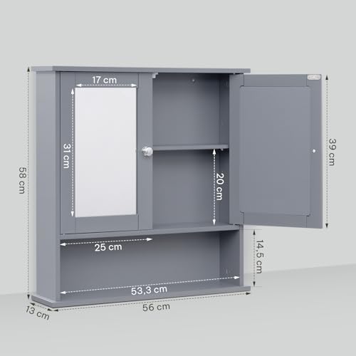 Miniatura 3 de Esituro Mueble Suspendido De Espejo Mueble Colgante Armario De Ducha Armario De Pared Con Toallero Y Estante De Medicamentos Armario De Baño Con Puertas Gris, 56x58,3x13cm