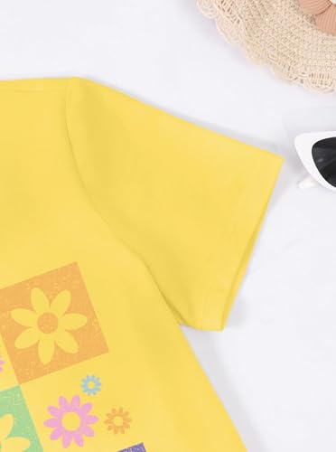 Image of Girls Graphic Tees Summer Short Sleeve Tops Casual Cute Flower Shirt Yellow 13-14 Years