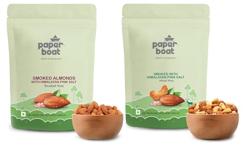 Image of Paper Boat Smoked and Roasted Mixed Nuts with Himalayan Pink Salt, Pouch (200g) & Paper Boat Premium Smoked and Roasted Almonds with Himalayan Pink Salt, Pouch (200g)
