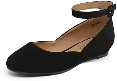 DREAM PAIRS Women's Revona Black Nubuck Low Wedge Ankle Strap Flats Shoes - 7.5 B(M) US