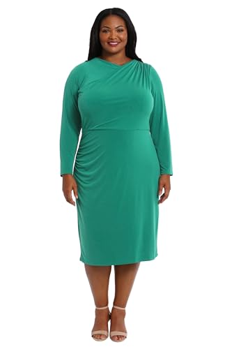 Image of London Times Women's Dresses Draped Neckline Slimming Midi Length Jersey Sheath Dress with