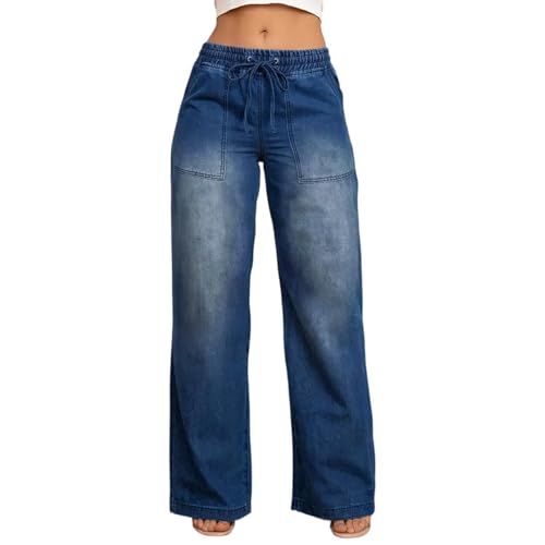 fanmpghleoo Drawstring Wide Leg Jeans Woman High Waisted Baggy Jeans Trendy Y2k Casual Denim Pants Pull On Denim Trousers